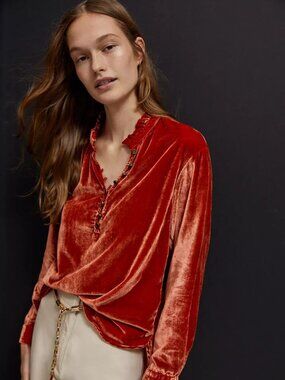 ANTHROPOLOGIE Kristianne Orange Velvet High Neck Ruffle Trim Blouse, Size XS